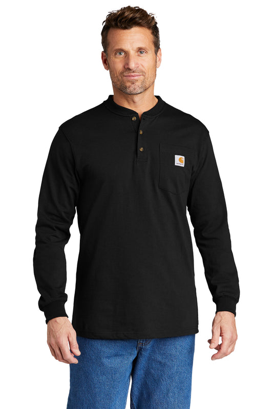 Front View of Black Carhartt Long Sleeve Henley T-Shirt CTK128  - S