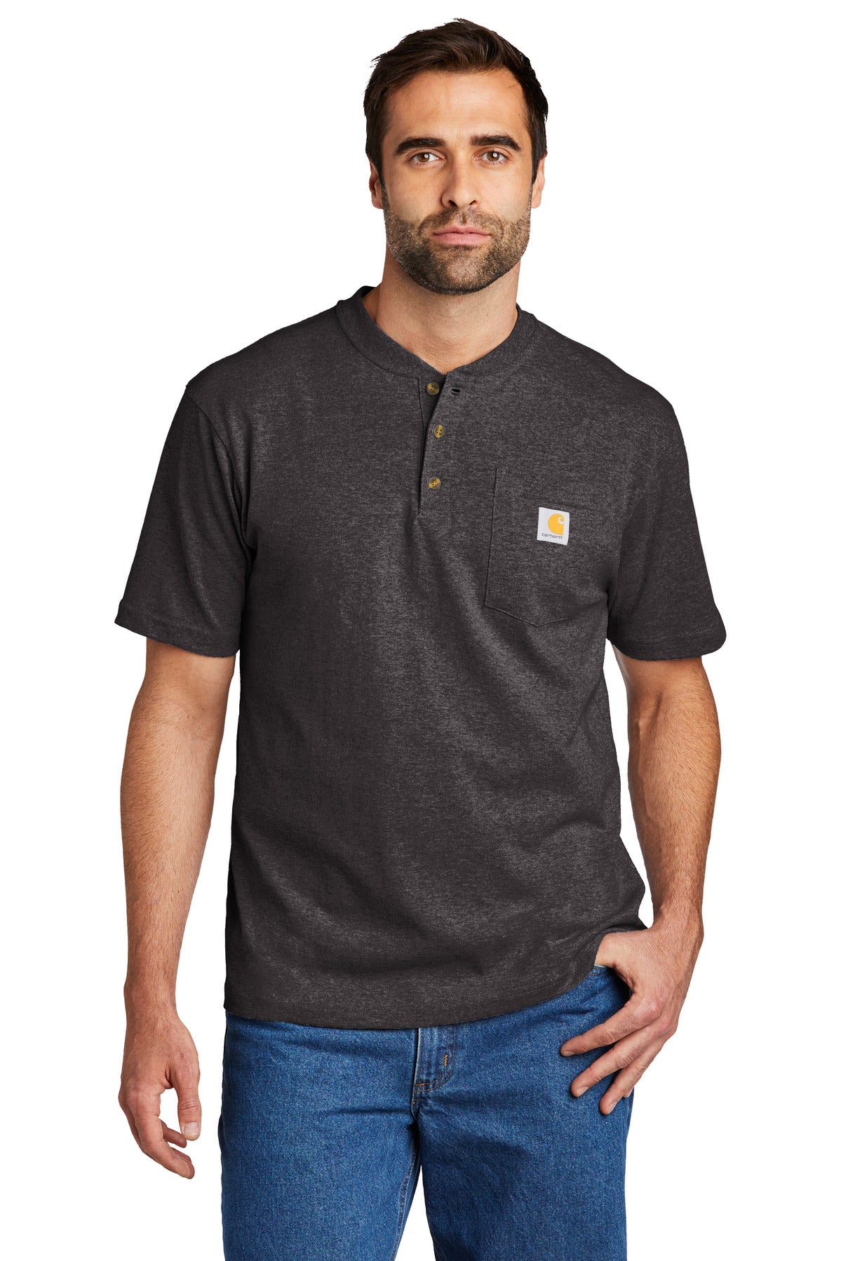 Front View of Carbon Heather Carhartt Short Sleeve Henley T-Shirt CTK84  - S
