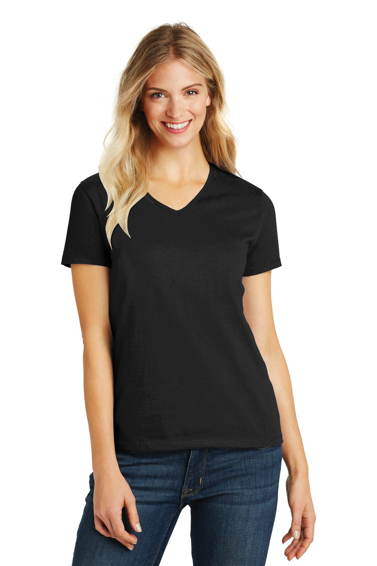 Front View of Black District Women's Perfect Blend CVC V-Neck Tee. DM1190L  - 3XL