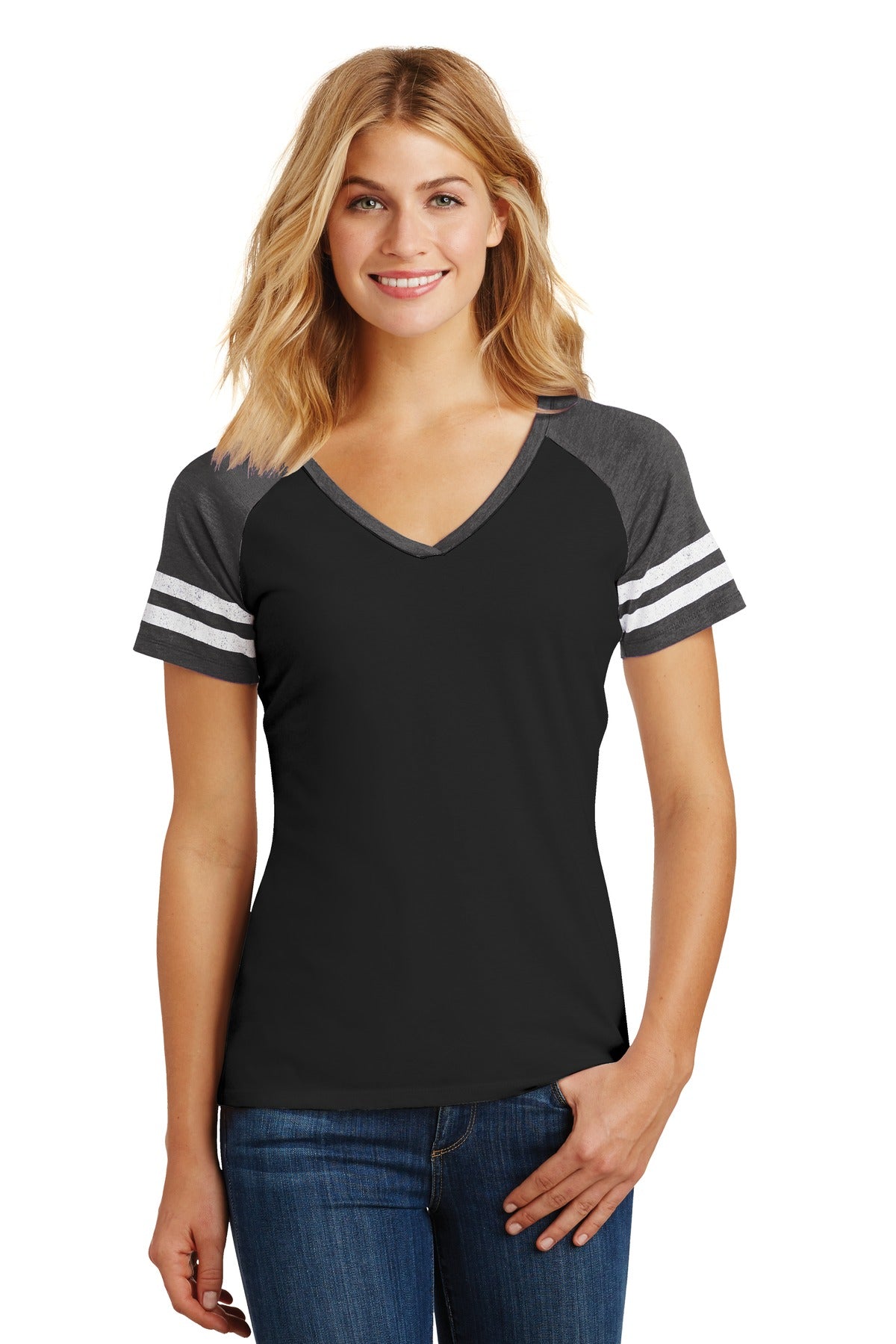 Front View of Black/Hth Char District Women's Game V-Neck Tee. DM476  - XXL
