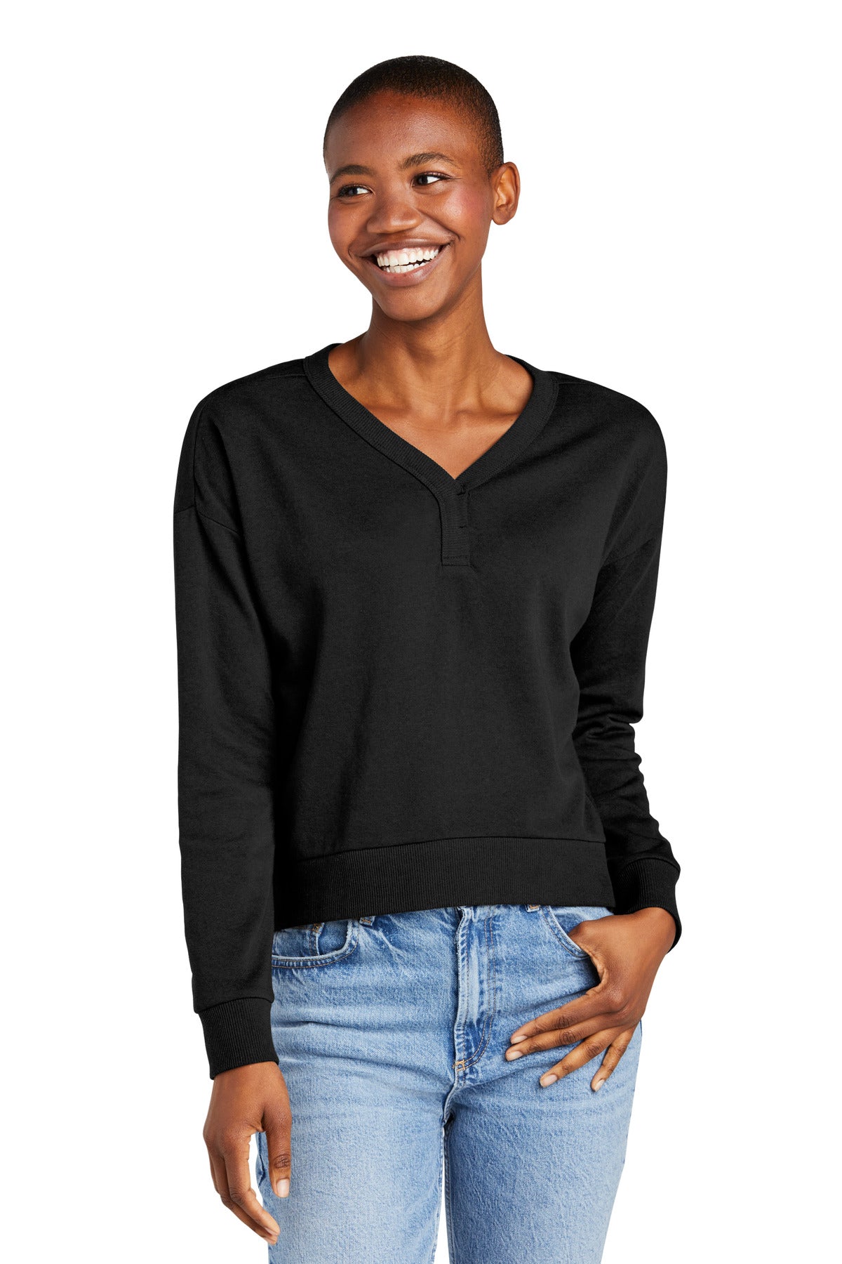 Front View of Black District Women's Perfect Tri Fleece V-Neck Sweatshirt DT1312  - XS