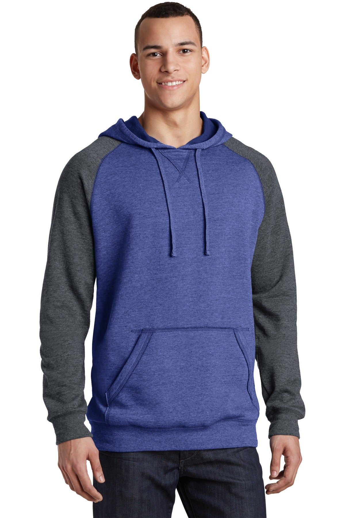 Front View of H Dp Ryl/H Cha District Young Mens Lightweight Fleece Raglan Hoodie. DT196  - XS