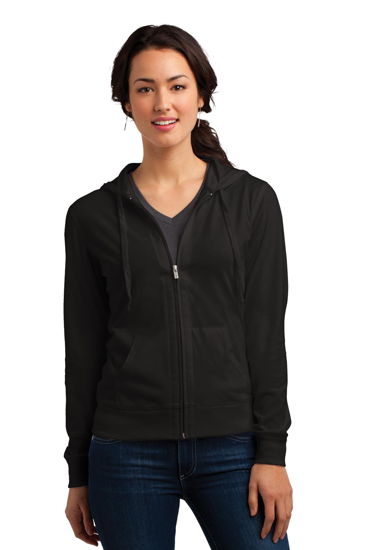Front View of Black District Women's Fitted Jersey Full-Zip Hoodie. DT2100  - 4XL