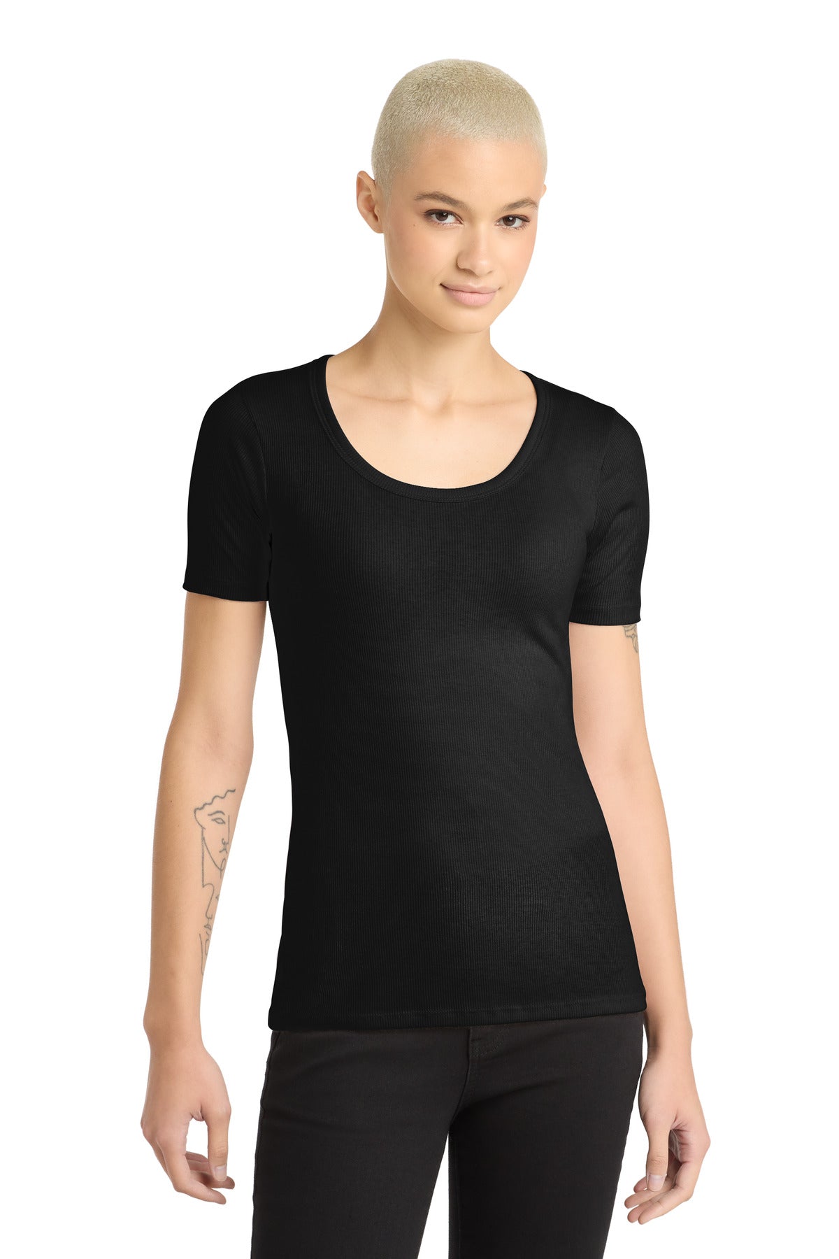 Front View of Black District Women's V.I.T. Rib Scoop Neck Tee DT6020  - 4XL
