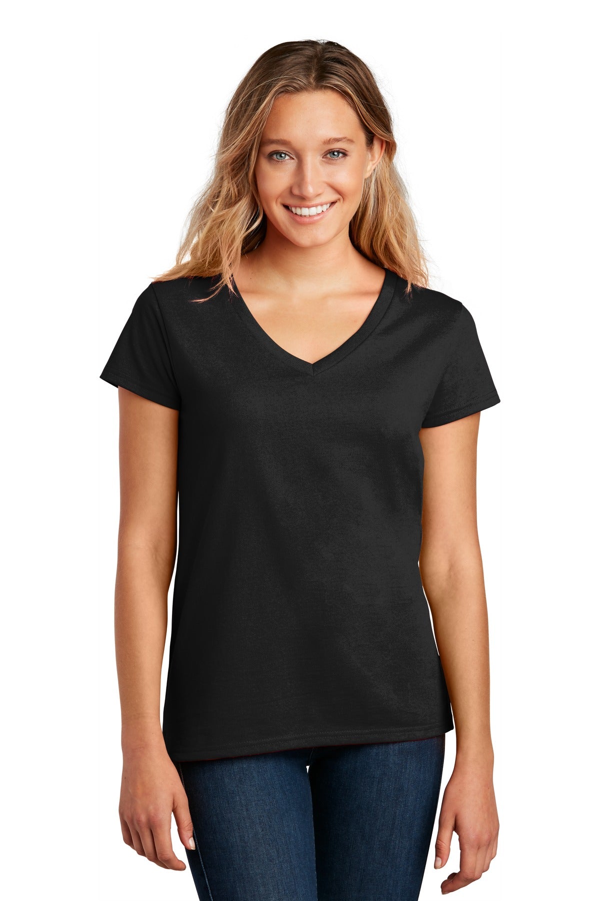 Front View of Black District Women's Re-Tee V-Neck DT8001  - M