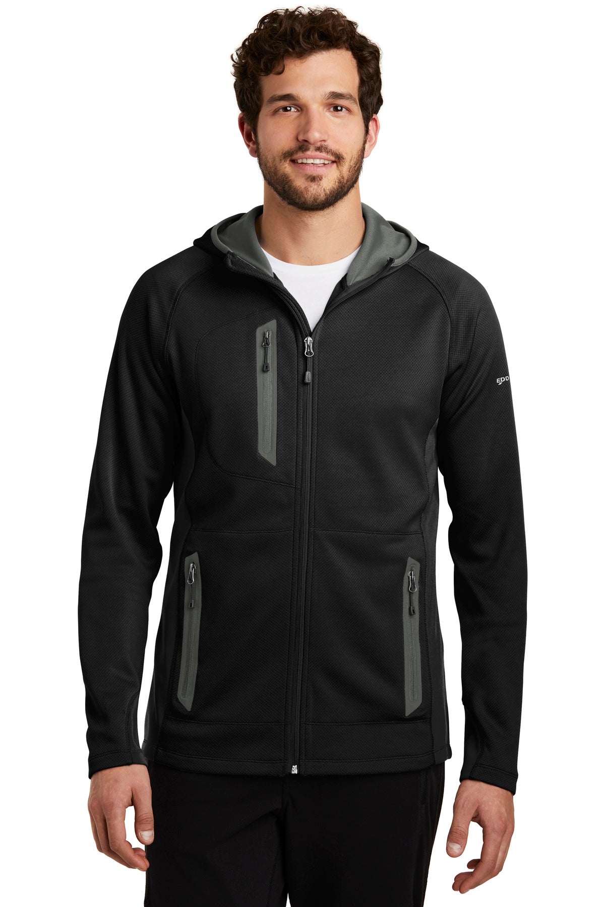 Front View of Black Eddie Bauer Sport Hooded Full-Zip Fleece Jacket. EB244  - XS