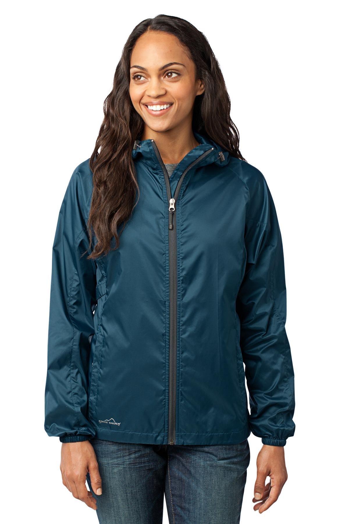 Front View of Adriatic Blue Eddie Bauer Women's Packable Wind Jacket. EB501  - XS