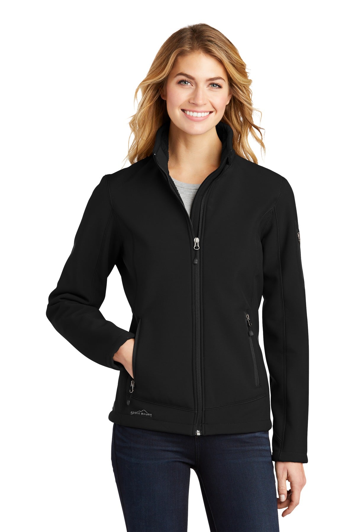 Front View of Black Eddie Bauer Women's Rugged Ripstop Soft Shell Jacket. EB535  - XS