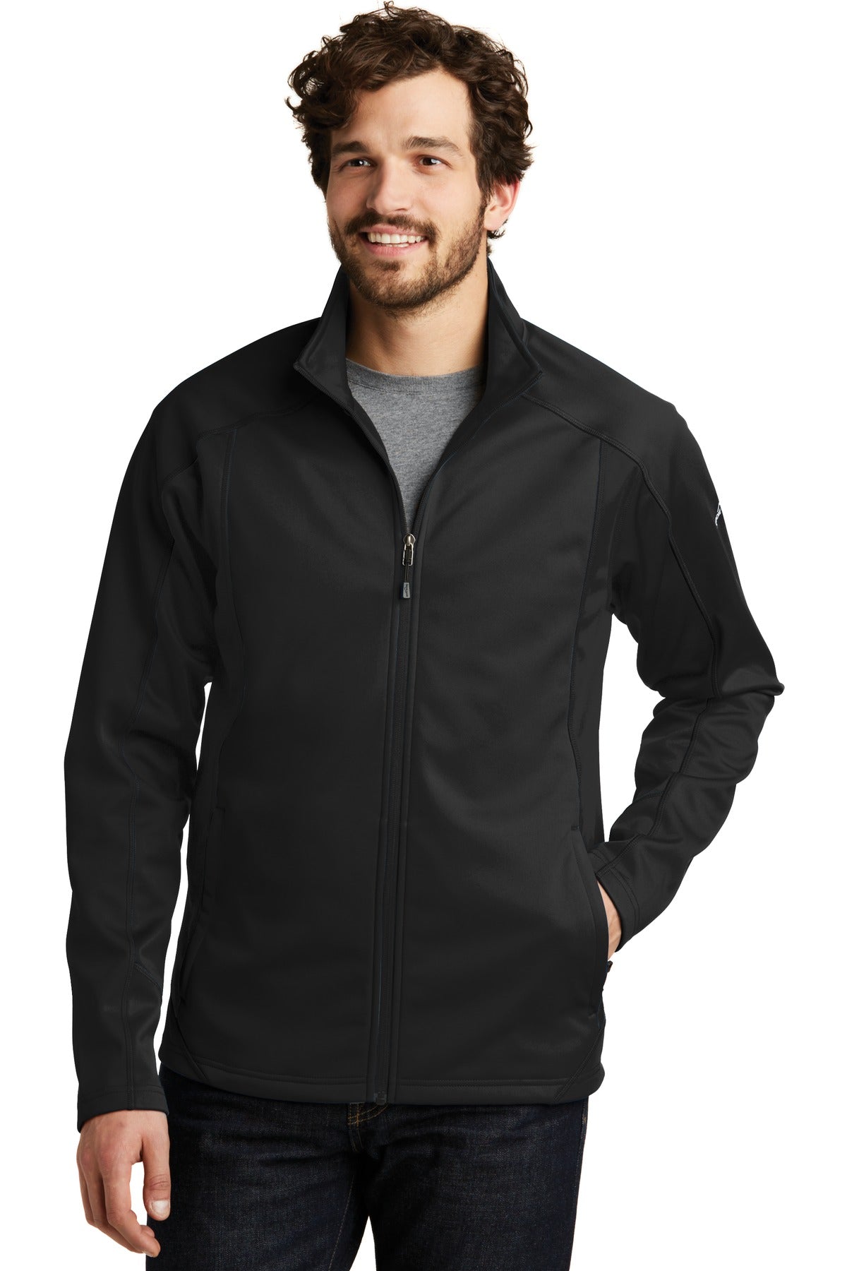 Front View of Black/Black Eddie Bauer Trail Soft Shell Jacket. EB542  - XS