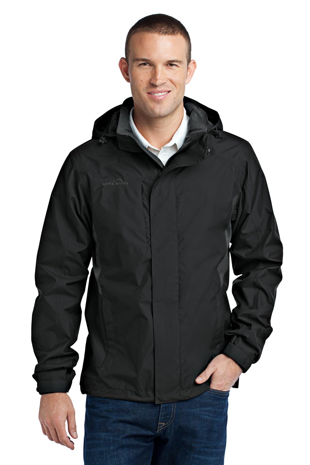 Front View of Black Eddie Bauer Rain Jacket. EB550  - XS