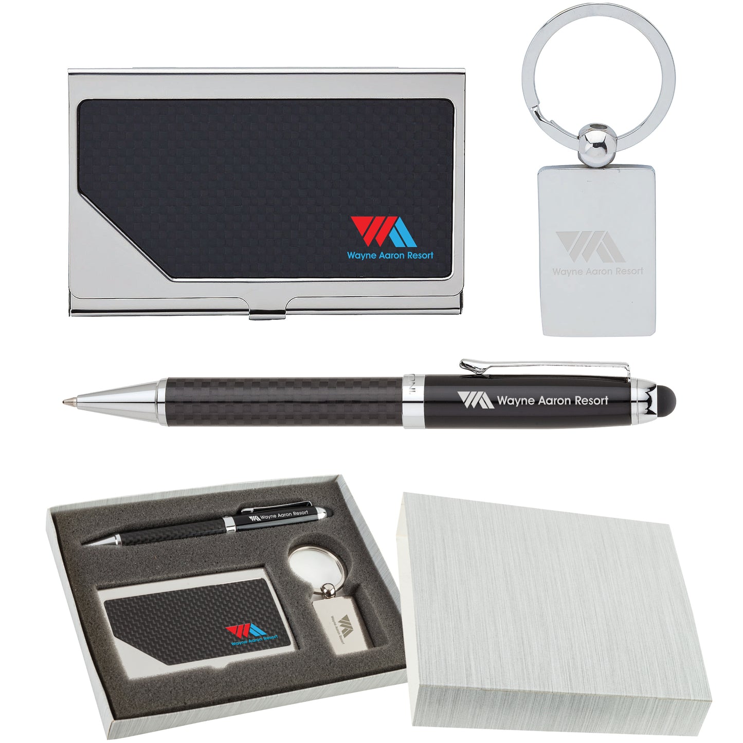 Carbon Fiber  Pen, Business Card Case and Chrome Keyring Set