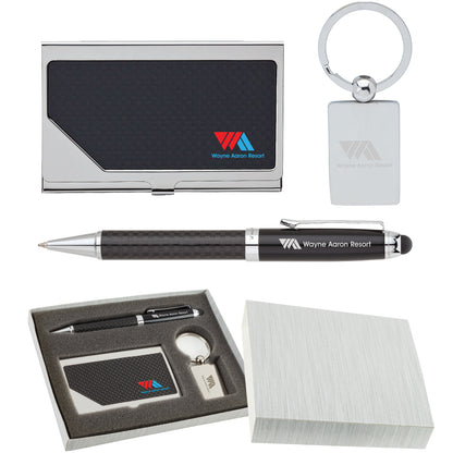 Carbon Fiber  Pen, Business Card Case and Chrome Keyring Set