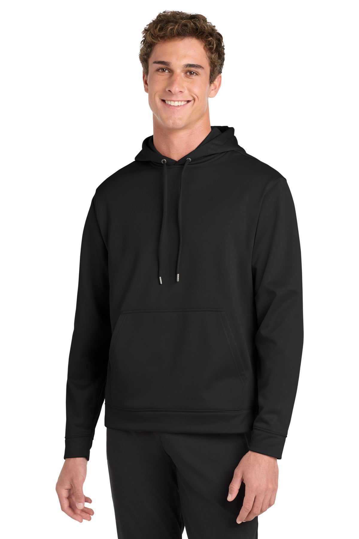 Front View of Black Sport-Tek Sport-Wick Fleece Hooded Pullover. F244  - XS
