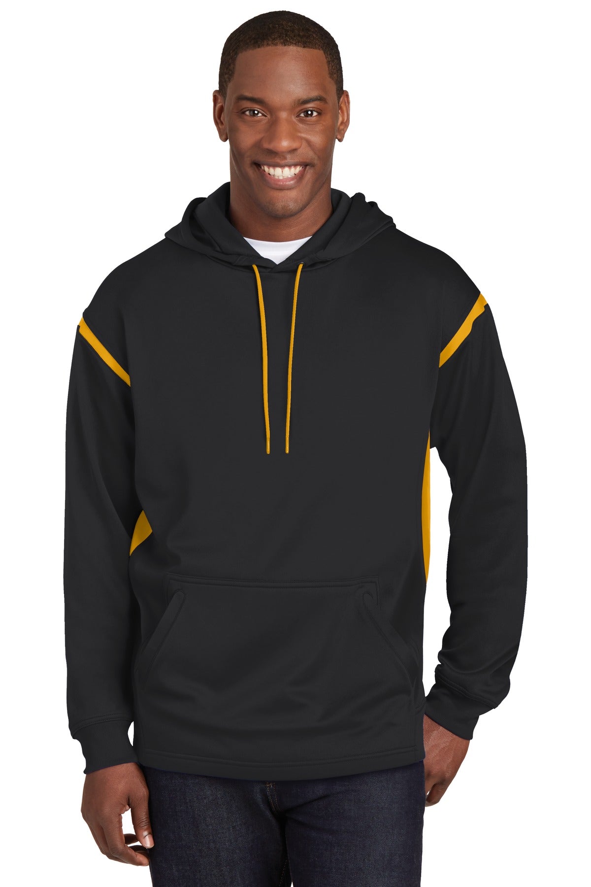 Front View of Black/Gold Sport-Tek Tech Fleece Colorblock Hooded Sweatshirt. F246  - XS
