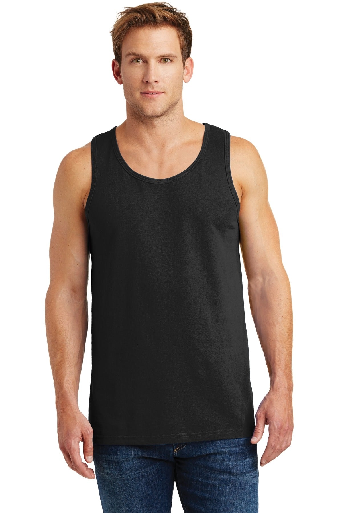 Front View of Black Gildan Heavy Cotton Tank Top. G5200  - S
