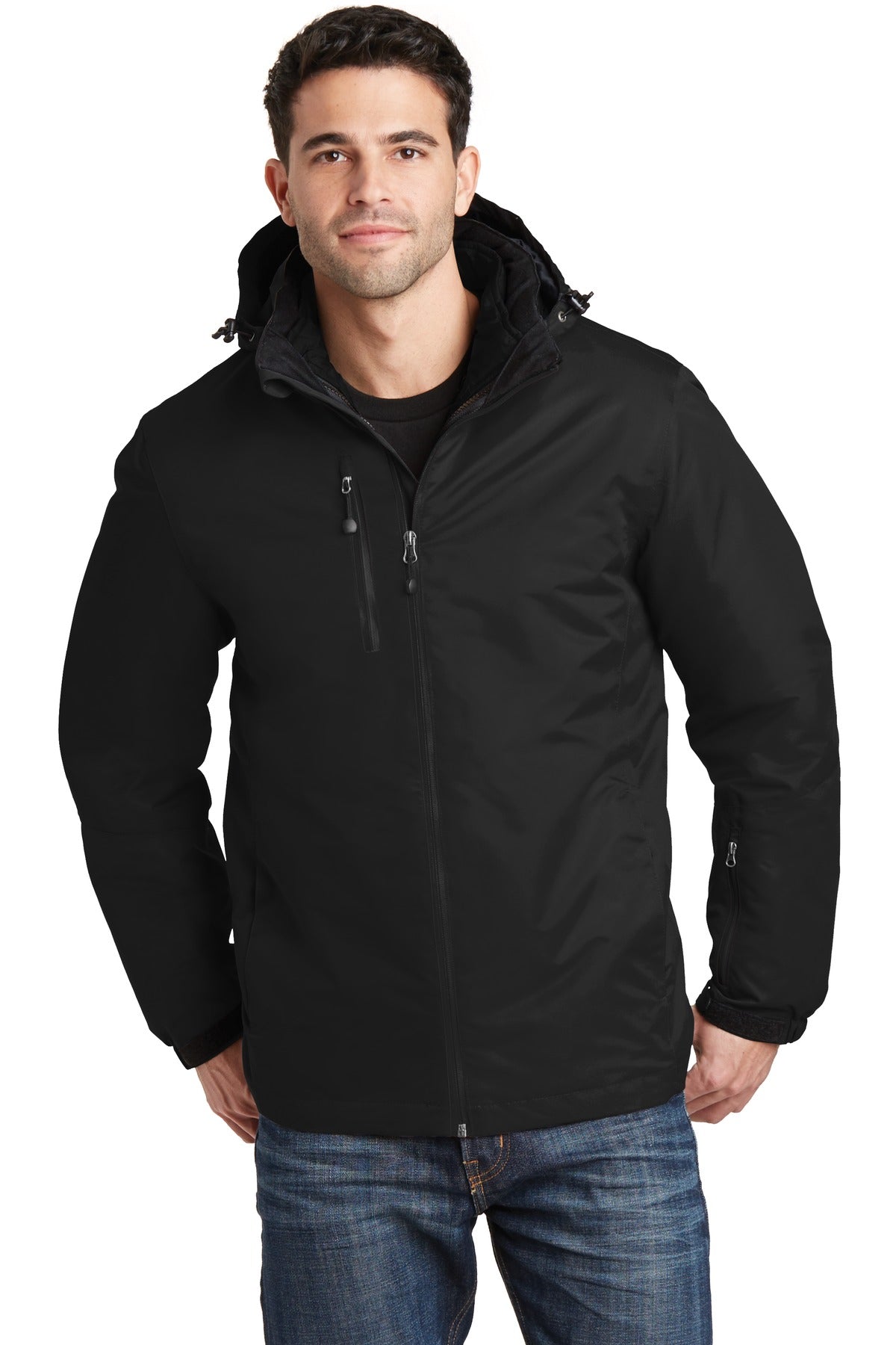 Front View of Black/Black Port Authority Vortex Waterproof 3-in-1 Jacket. J332  - XS