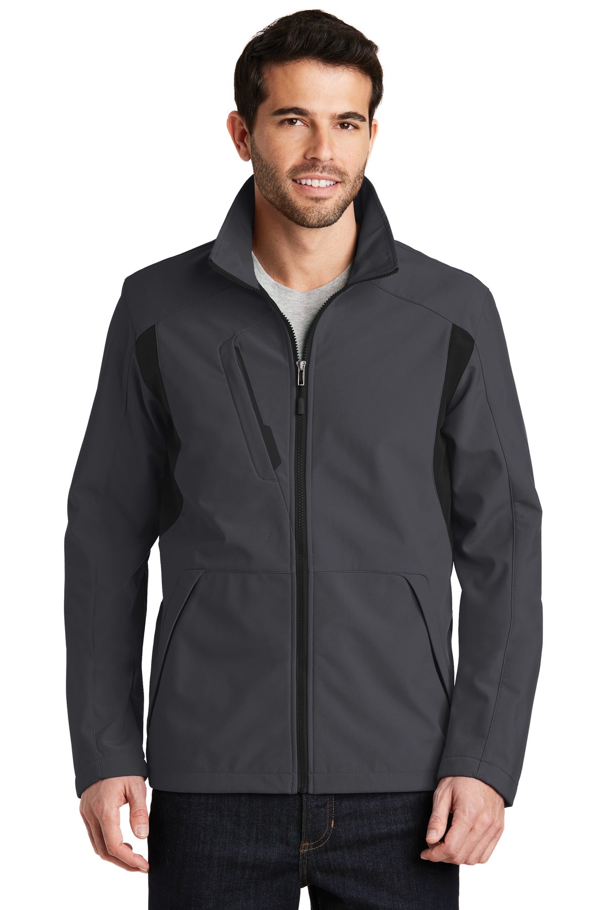 Front View of Bat Grey/Black Port Authority Back-Block Soft Shell Jacket. J336  - XS
