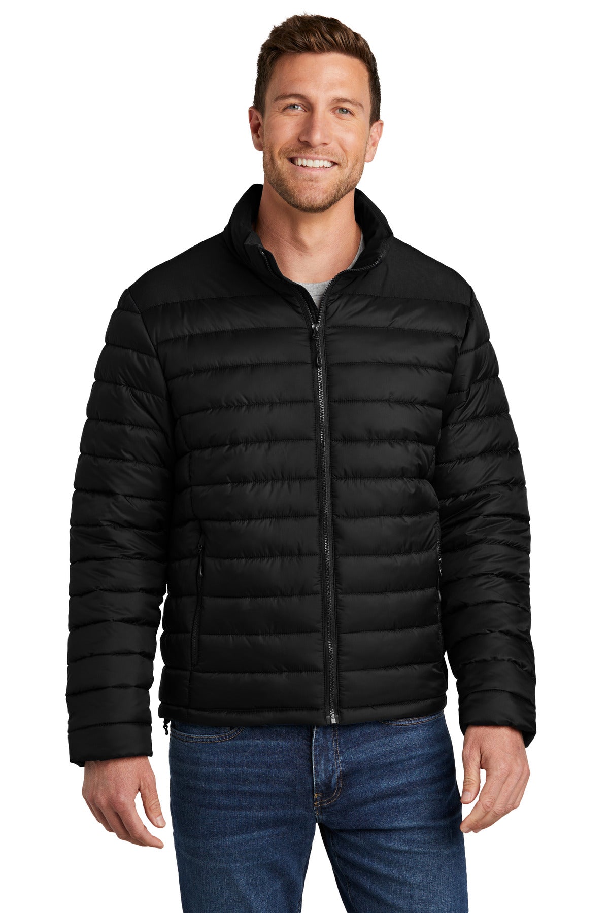 Front View of DeepBlack Port Authority Horizon Puffy Jacket J364  - XS
