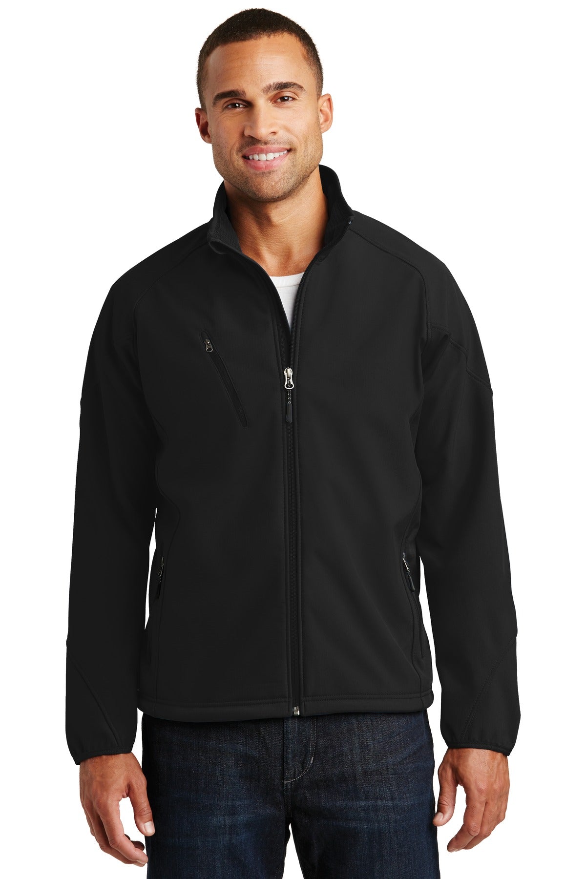 Front View of Black Port Authority Textured Soft Shell Jacket. J705  - XS