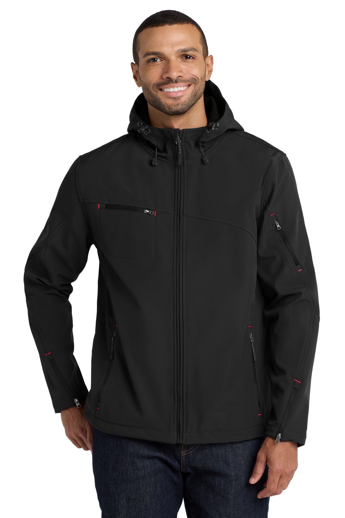 Front View of Black Port Authority Textured Hooded Soft Shell Jacket. J706  - XS