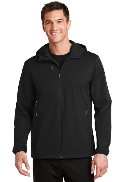 Front View of Deep Black Port Authority Active Hooded Soft Shell Jacket. J719  - XS