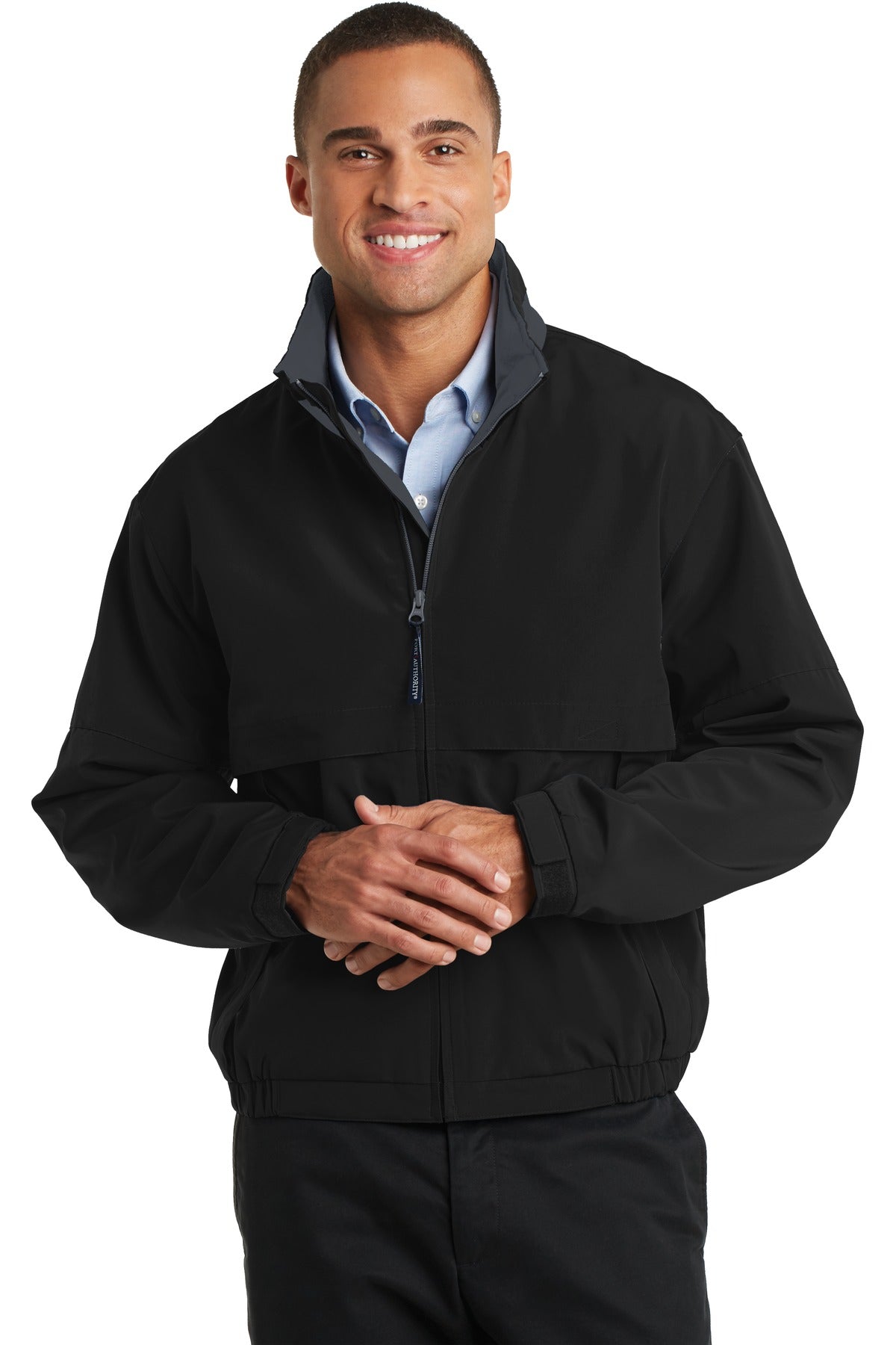 Front View of Black/Steel Gy Port Authority Legacy Jacket. J764  - XS