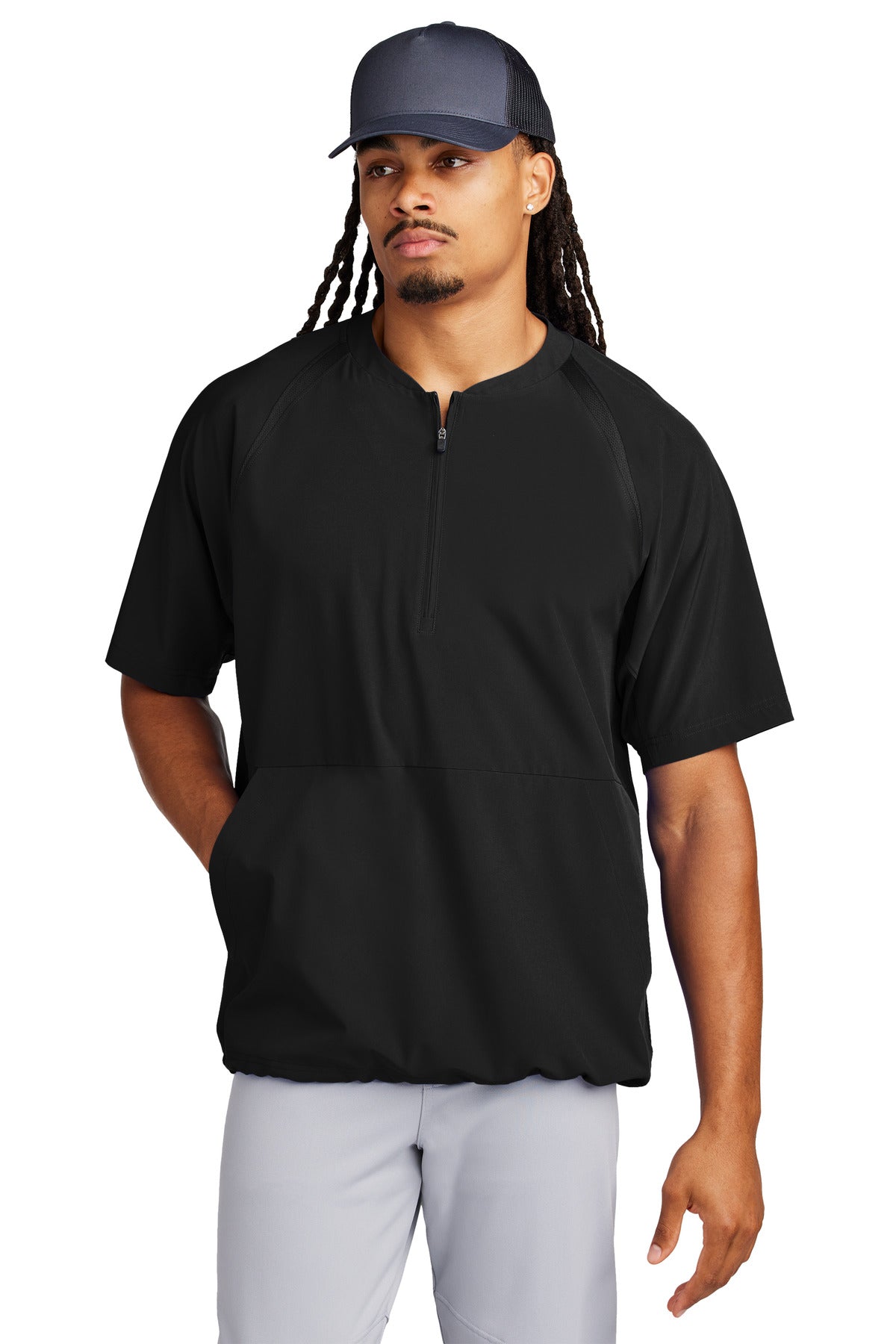 Front View of Black Sport-Tek Repeat 1/2-Zip Short Sleeve Jacket JST489  - XS