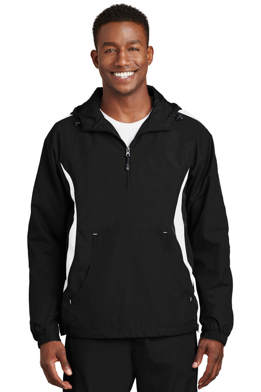 Front View of Black/White Sport-Tek Colorblock Raglan Anorak. JST63  - XS