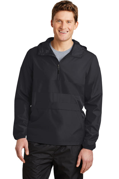 Front View of Black/Black Sport-Tek Zipped Pocket Anorak. JST65  - XS