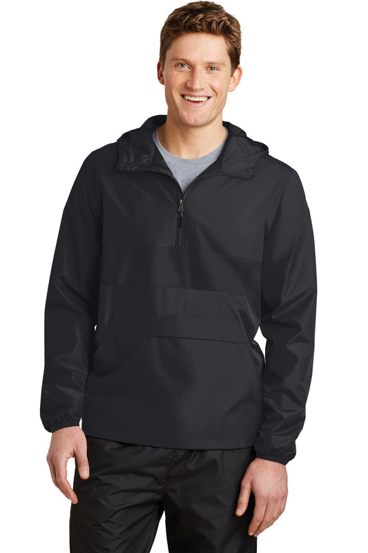 Front View of Black/Black Sport-Tek Zipped Pocket Anorak. JST65  - XS