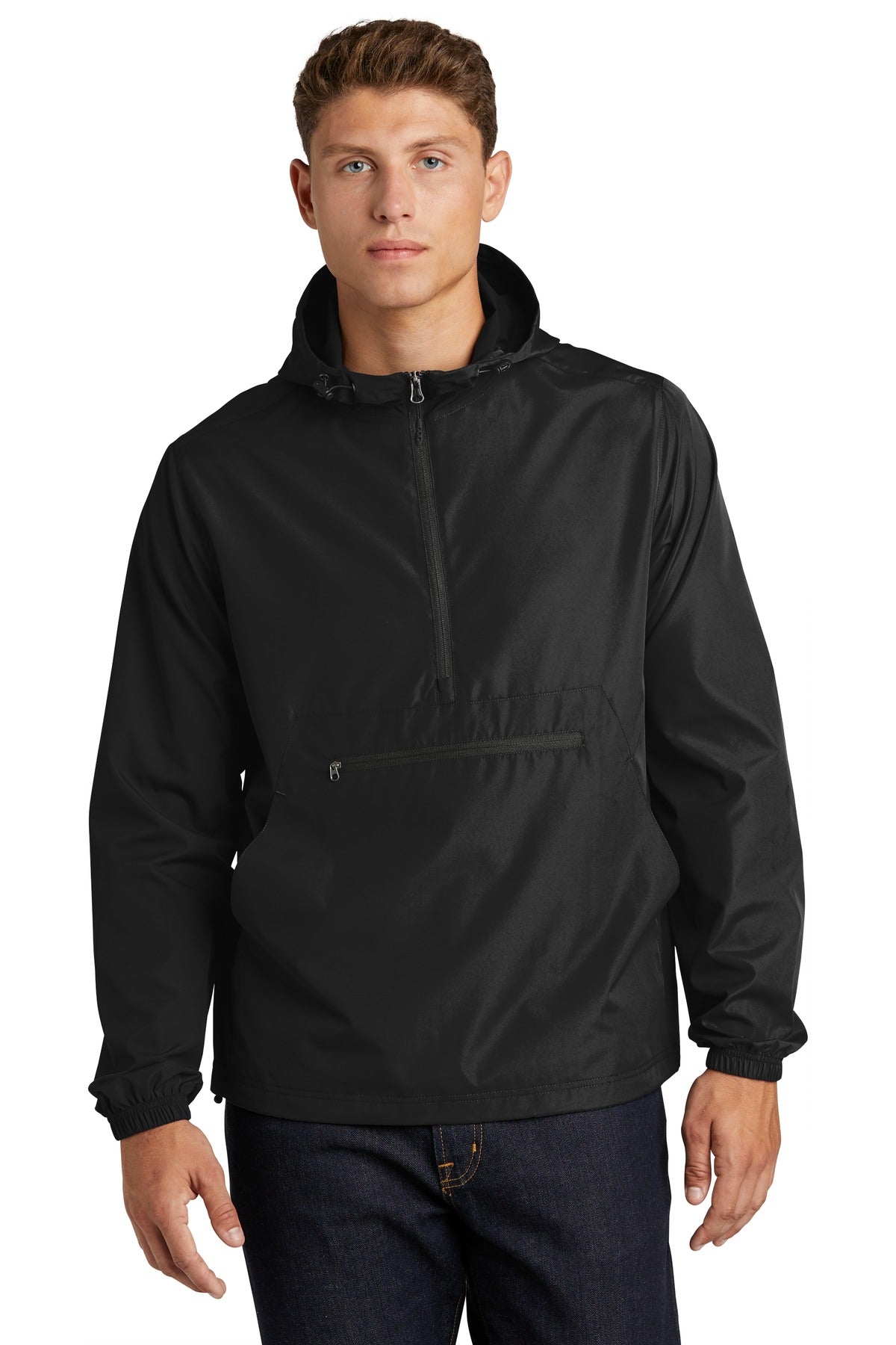 Front View of Black Sport-Tek Packable Anorak. JST66  - XS