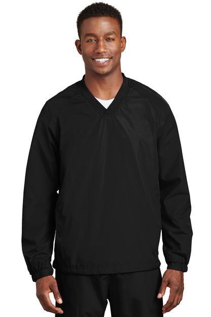 Front View of Black Sport-Tek V-Neck Raglan Wind Shirt. JST72  - XS