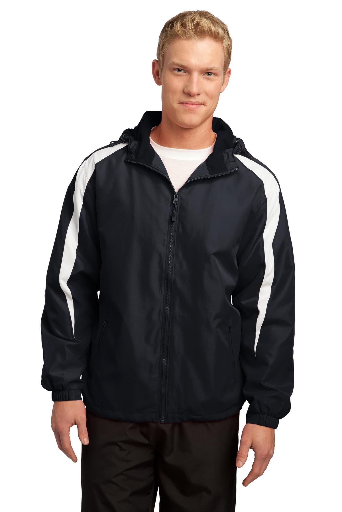 Front View of Black/White Sport-Tek Fleece-Lined Colorblock Jacket. JST81  - XS