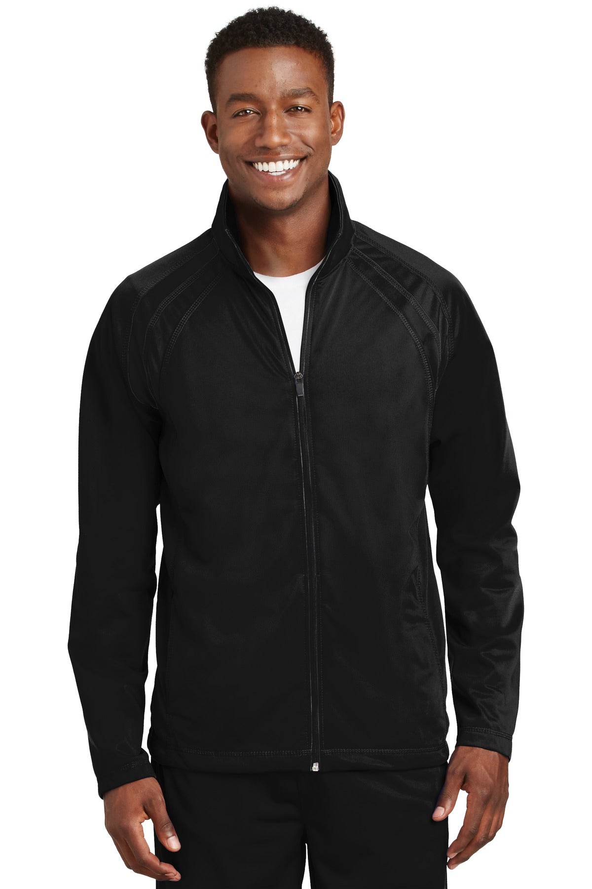 Front View of Black/Black Sport-Tek Tricot Track Jacket. JST90  - XS