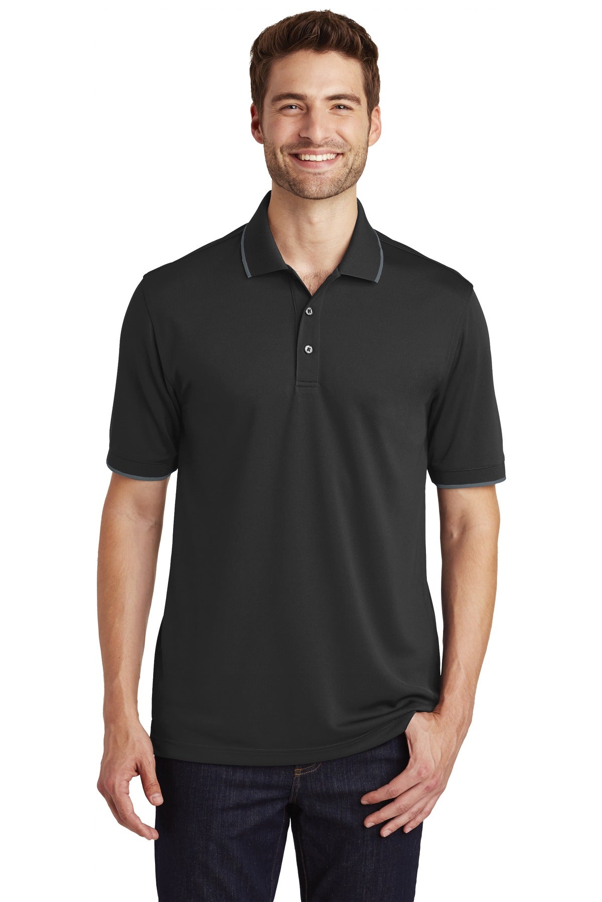 Front View of Dp Black/Graph Port Authority Dry Zone UV Micro-Mesh Tipped Polo. K111  - XS
