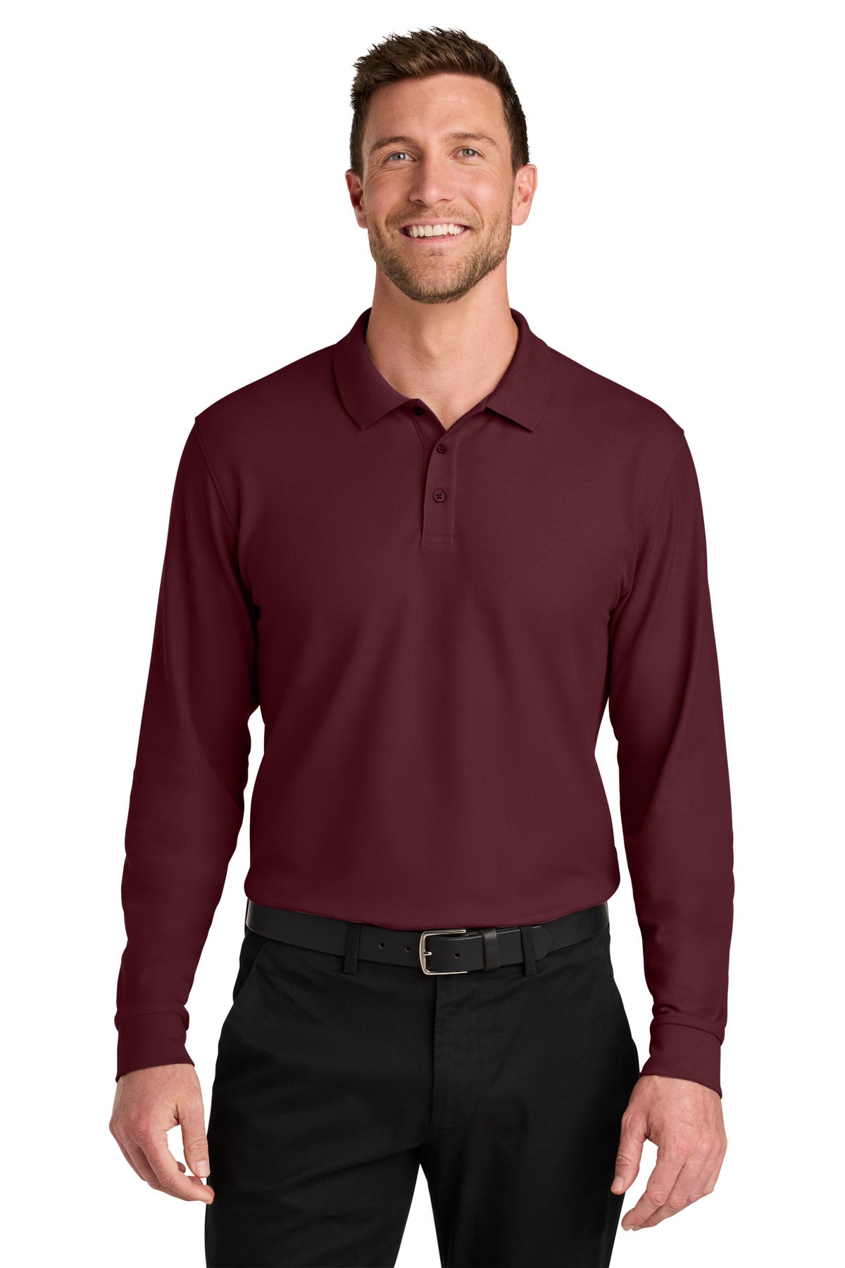 Front View of Burgundy Port Authority Wearever Signature Pique Long Sleeve Polo K200LS  - XS