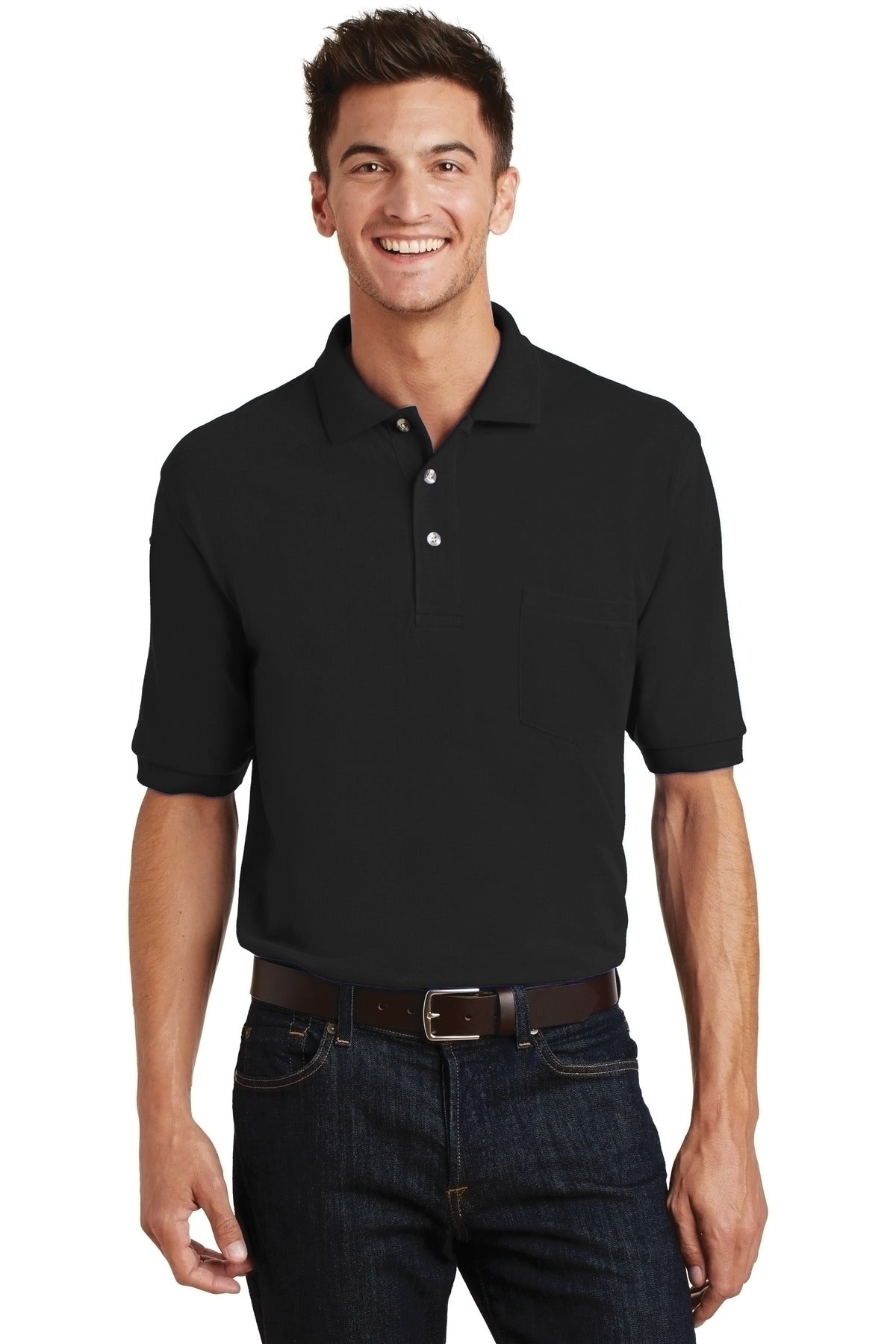 Front View of Black Port Authority Heavyweight Cotton Pique Polo with Pocket. K420P  - XS