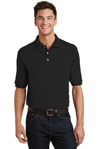 Front View of Black Port Authority Heavyweight Cotton Pique Polo with Pocket. K420P  - XS