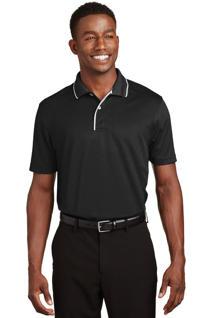 Front View of Black/White Sport-Tek Dri-Mesh Polo with Tipped Collar and Piping. K467  - XS