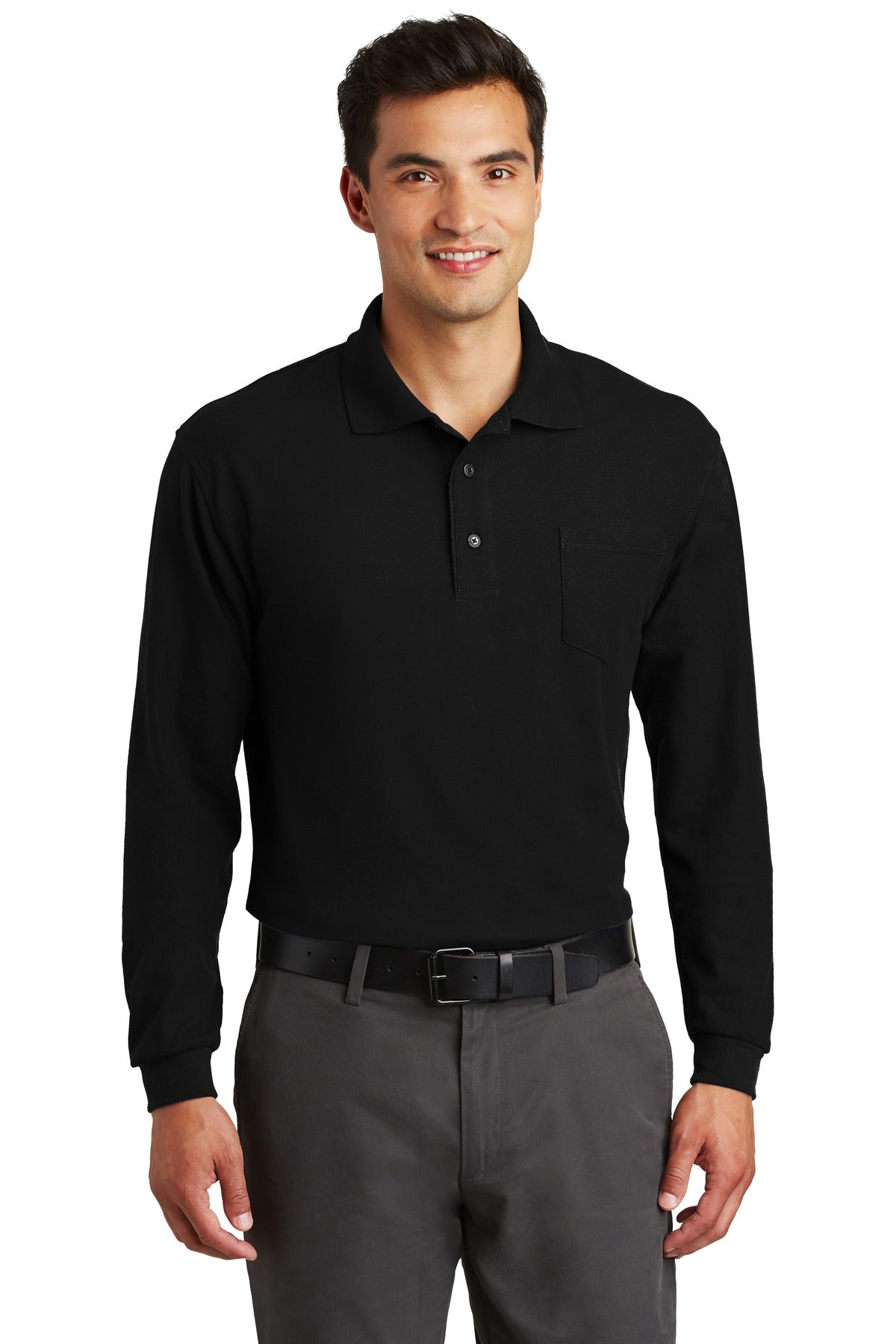 Front View of Black Port Authority Long Sleeve Silk Touch Polo with Pocket. K500LSP  - XS