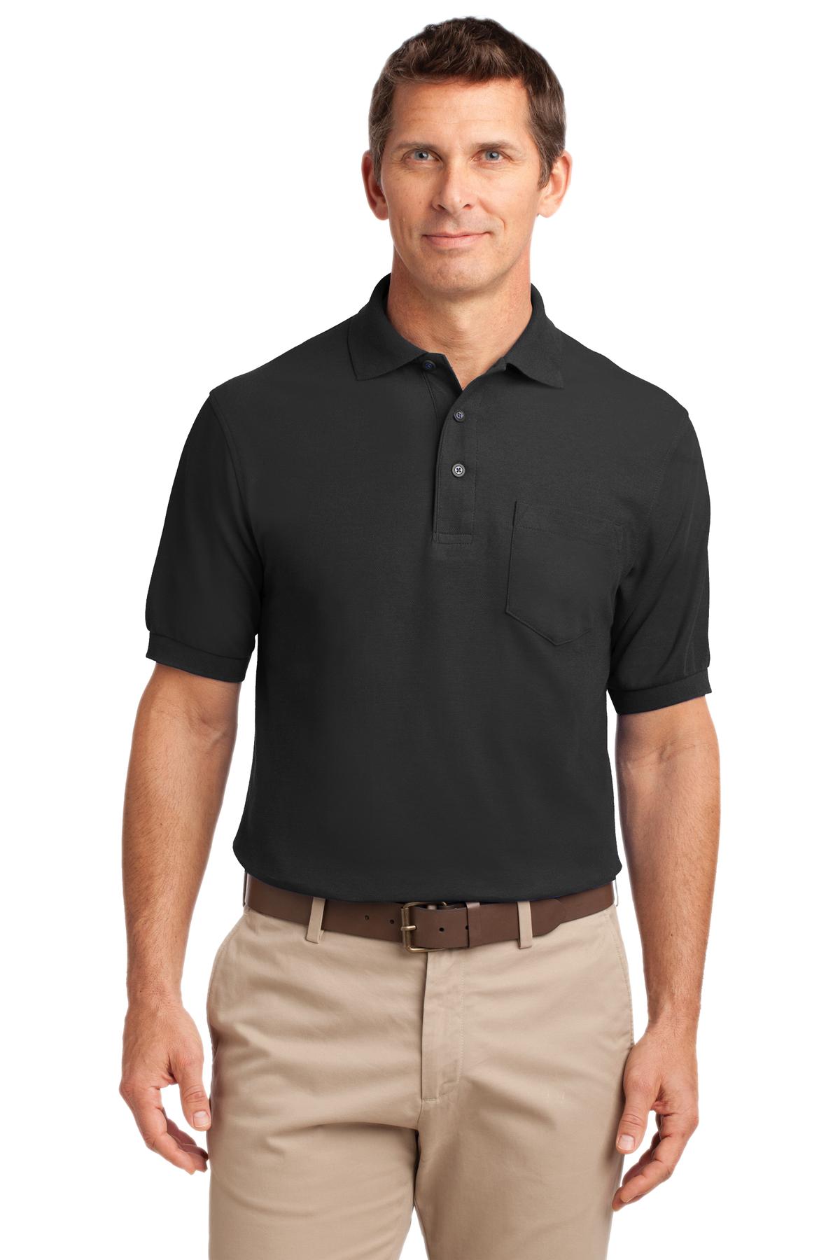 Front View of Black Port Authority Silk Touch Polo with Pocket. K500P  - XS