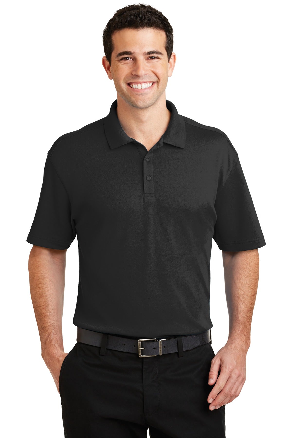 Front View of Black Port Authority Silk Touch Interlock Performance Polo. K5200  - XS