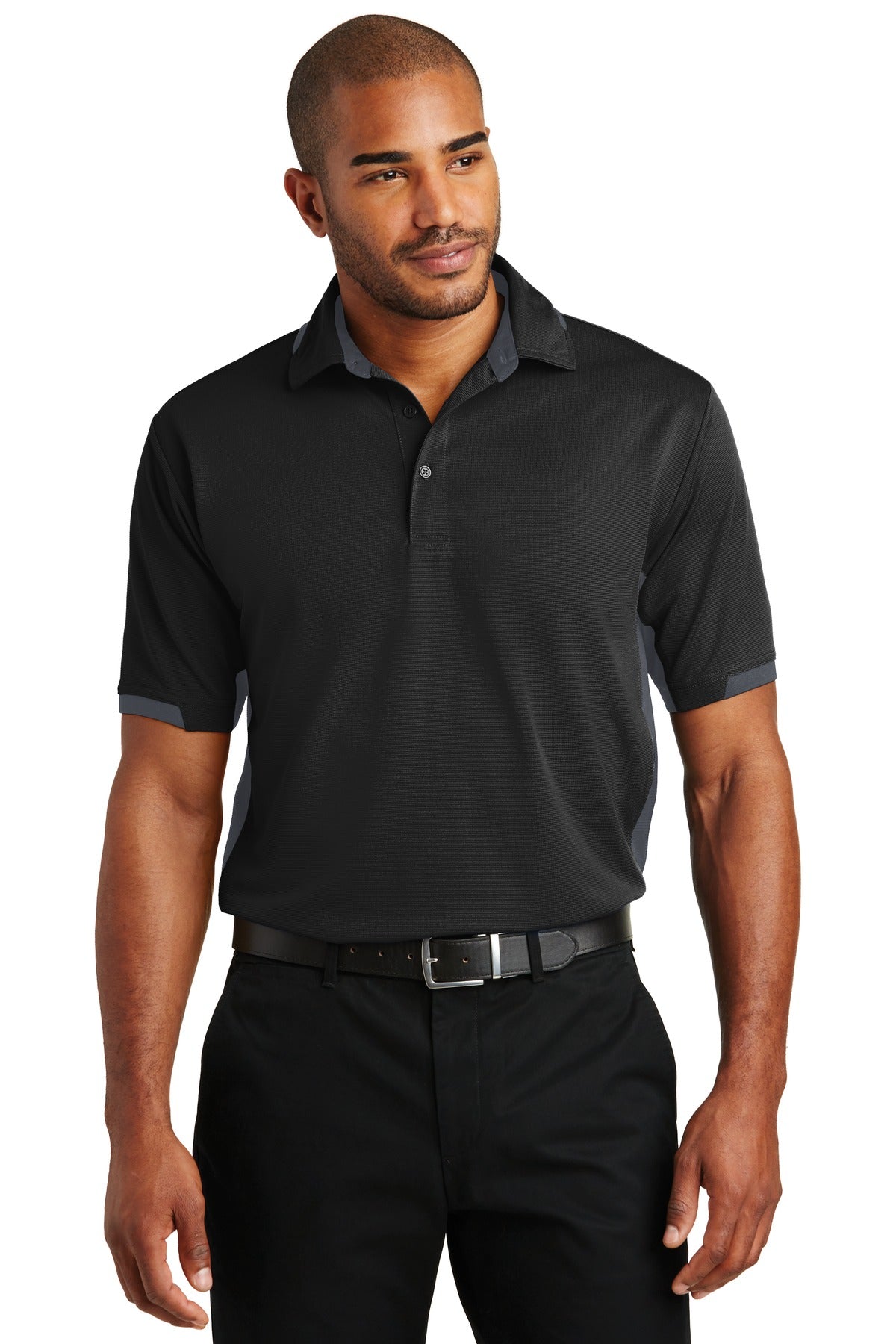 Front View of Black/Iron Gry Port Authority Dry Zone Colorblock Ottoman Polo. K524  - XS