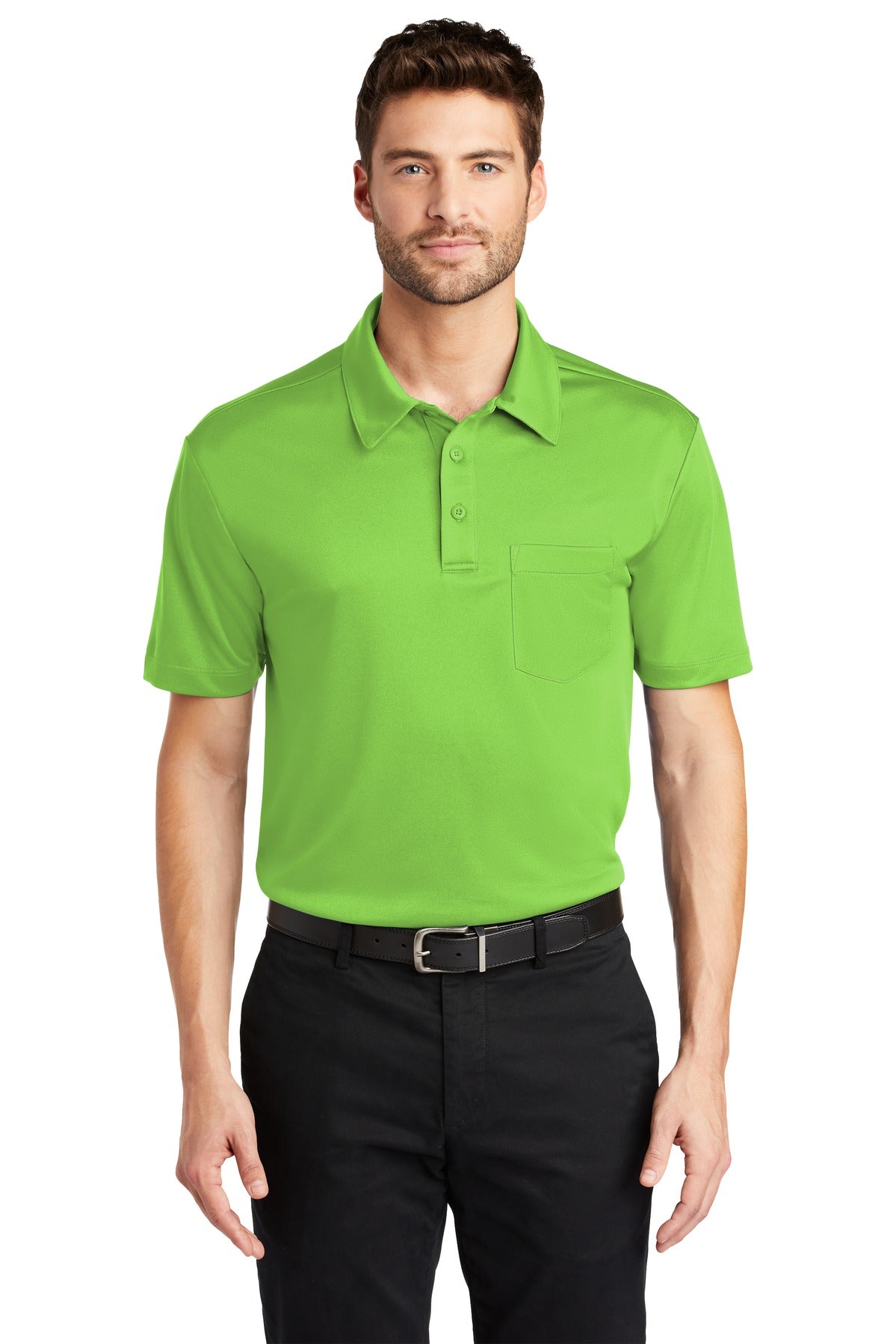 Front View of Lime Port Authority Silk Touch Performance Pocket Polo. K540P  - XS