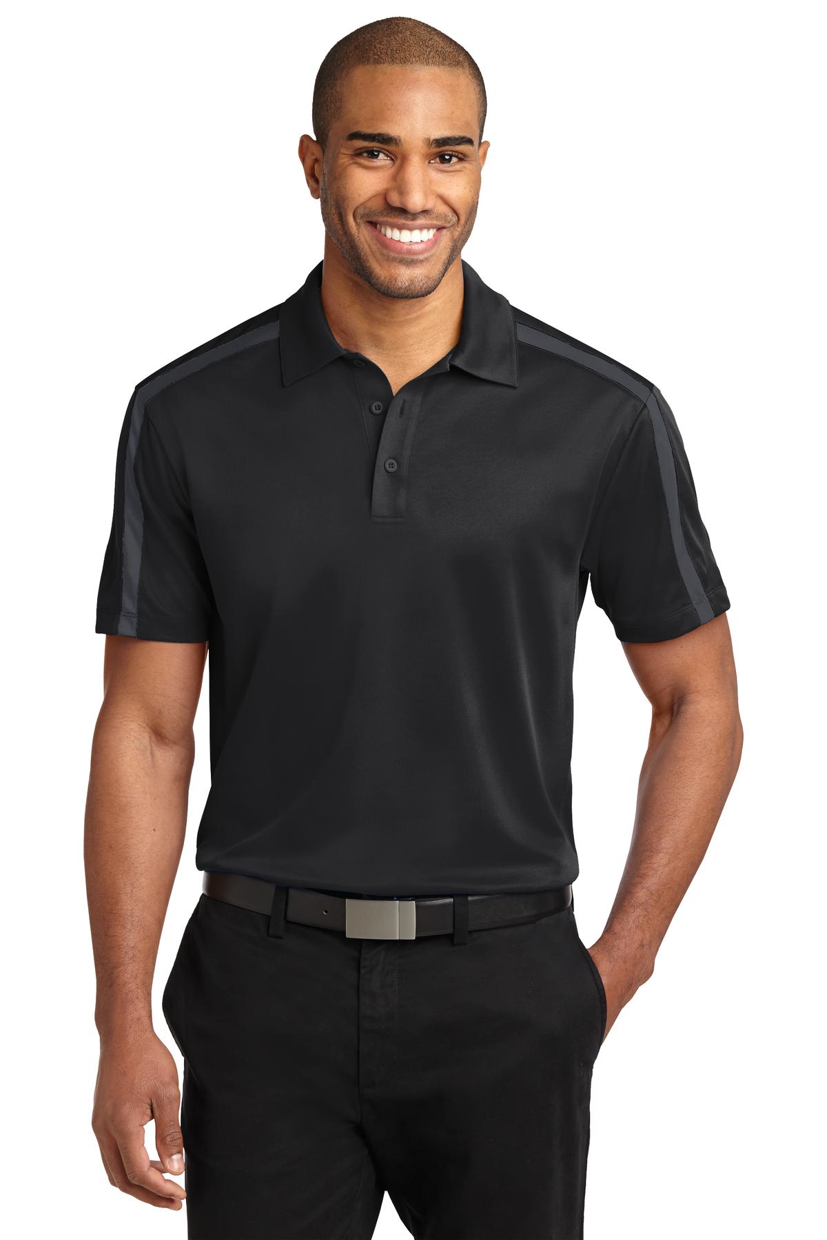 Front View of Black/Steel Gy Port Authority Silk Touch Performance Colorblock Stripe Polo. K547  - XS