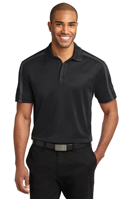 Front View of Black/Steel Gy Port Authority Silk Touch Performance Colorblock Stripe Polo. K547  - XS