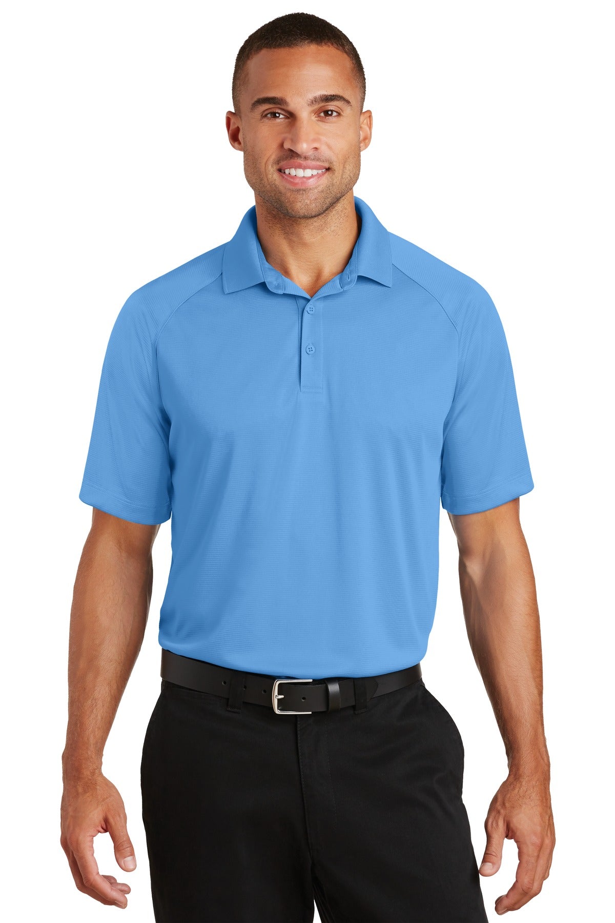 Front View of Azure Blue Port Authority Crossover Raglan Polo. K575  - XS