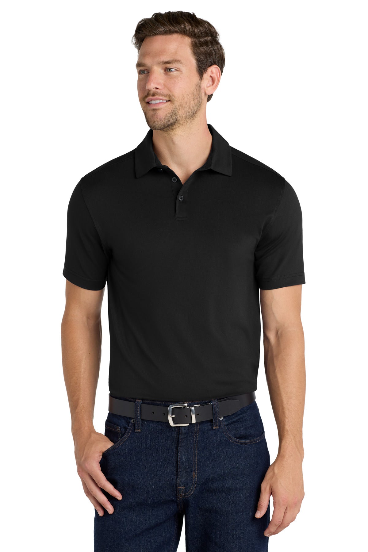 Front View of Black Port Authority City Stretch Polo K682  - XS