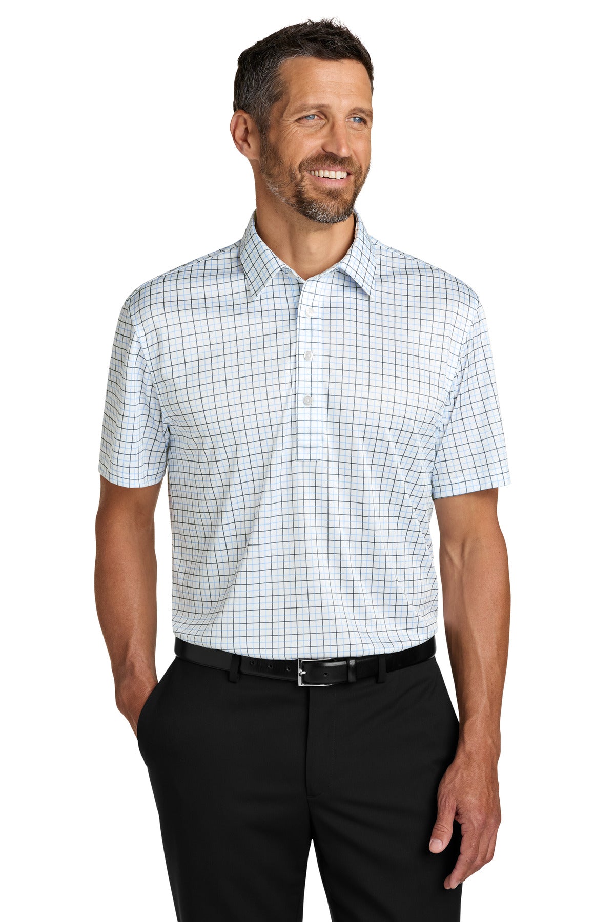 SanMar K700_blackcarolinabluecheck_model_front.jpg