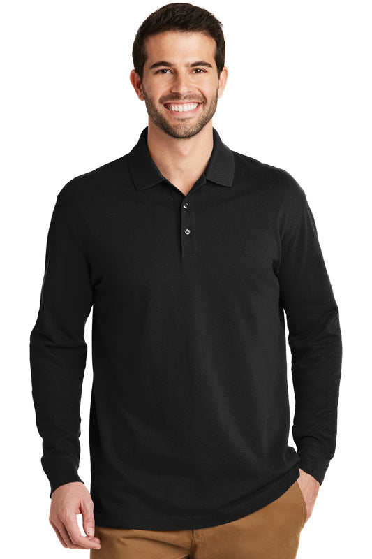 Front View of Black Port Authority EZCotton Long Sleeve Polo. K8000LS  - XS